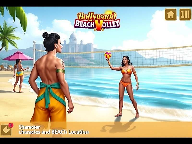 Bollywood Beach Volley Main Game Screen showing character selection and beach location